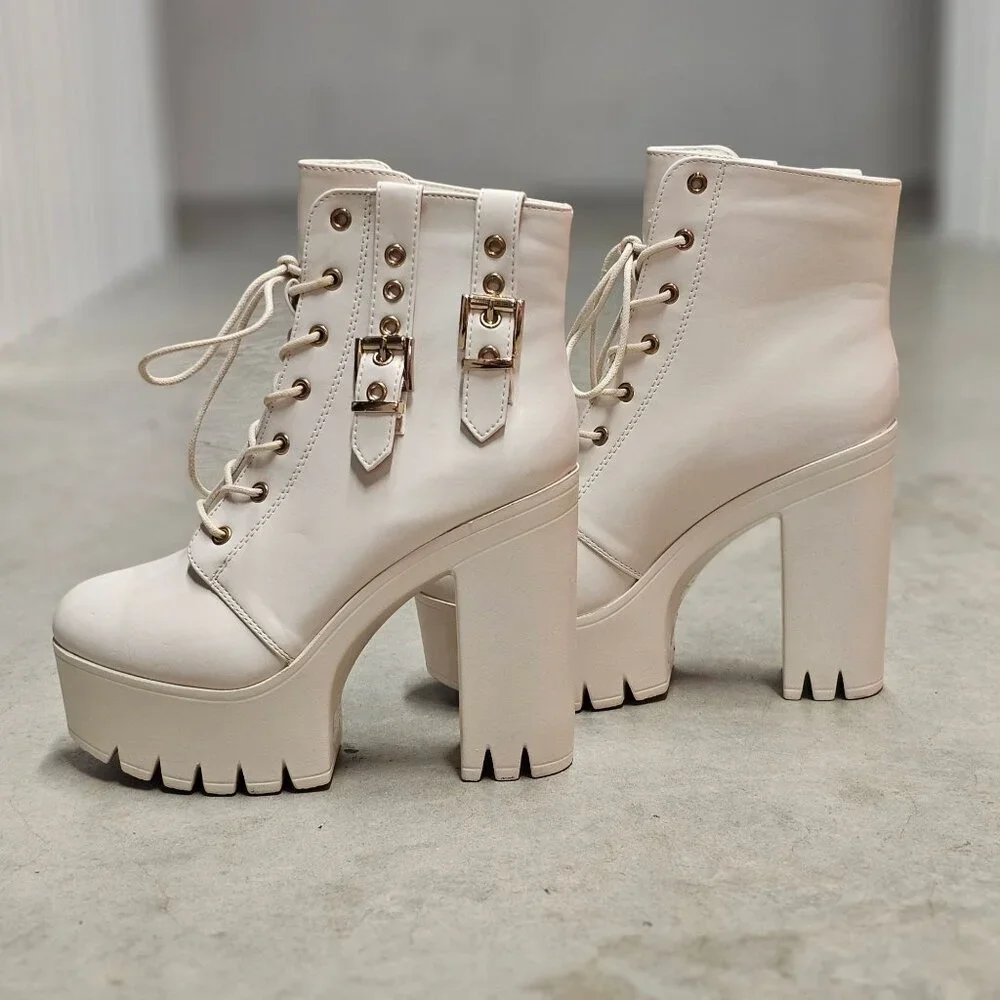 Lace-Up Platform Chunky Heel Ankle Boots With Dual Buckle Detail In Off White - Picture 3 of 7